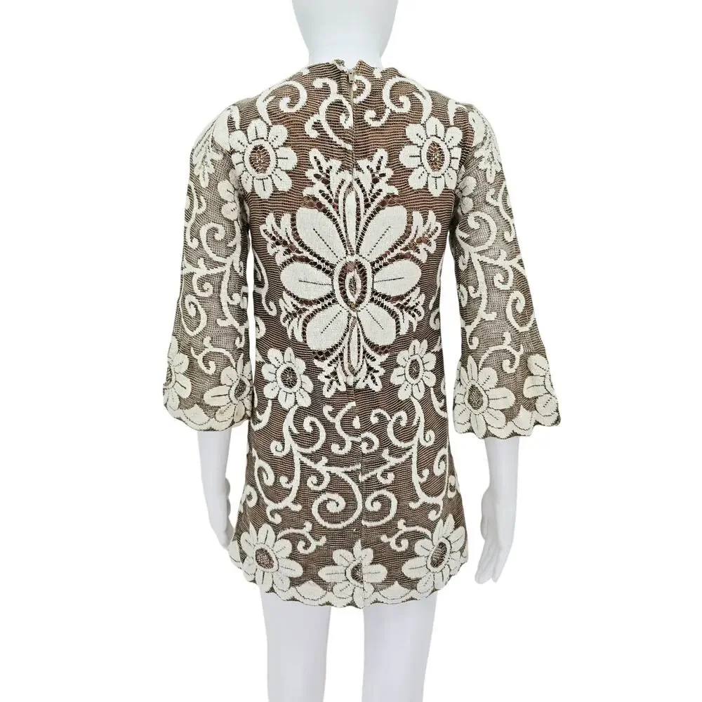 Vintage 70's Mod Boho Girls A-line Midi Dress Cream Brown 9/10
